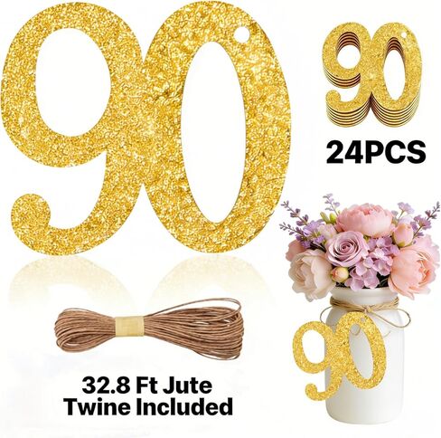 ALISSAR 24PCS Gold 90 Number Tags with 32.8 Ft Jute Twine – 90th Birthday Decorations, 90th Anniversary Party Supplies, Mason Jar Centerpieces, Gift Wrapping & Table Decor Kit in Saudi Arabia