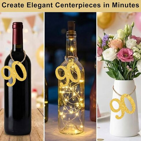 ALISSAR 24PCS Gold 90 Number Tags with 32.8 Ft Jute Twine – 90th Birthday Decorations, 90th Anniversary Party Supplies, Mason Jar Centerpieces, Gift Wrapping & Table Decor Kit in Saudi Arabia