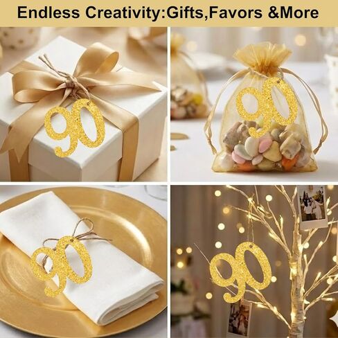 ALISSAR 24PCS Gold 90 Number Tags with 32.8 Ft Jute Twine – 90th Birthday Decorations, 90th Anniversary Party Supplies, Mason Jar Centerpieces, Gift Wrapping & Table Decor Kit in Saudi Arabia