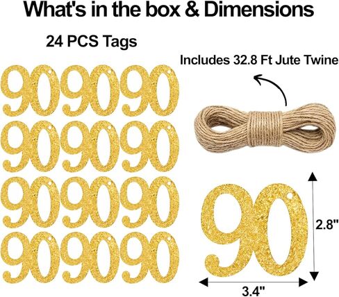 ALISSAR 24PCS Gold 90 Number Tags with 32.8 Ft Jute Twine – 90th Birthday Decorations, 90th Anniversary Party Supplies, Mason Jar Centerpieces, Gift Wrapping & Table Decor Kit in Saudi Arabia