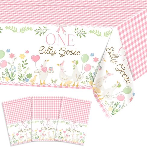 Avezano 3 pcs One Silly Goose Birthday Decorations Girl First Birthday Tablecloth 108 x 54 Disposable Plastic Pink One Silly Goose Bday Party Table Covers in Saudi Arabia