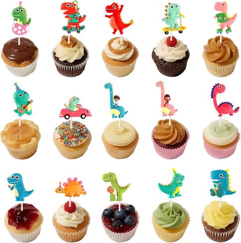 Dinosaur Cake & Cupcake Toppers Decorations Set – 20 Pcs Soft Rubber Reusable Dino Figures with Happy Birthday Cake Topper & Trees, Dinosaur Birthday Cake Decorations for Kids Party Supplies in Saudi Arabia