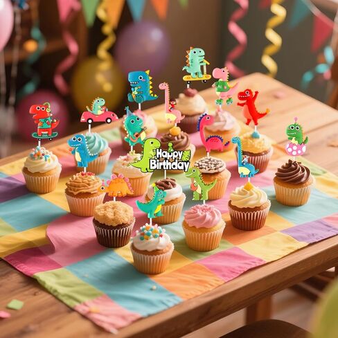 Dinosaur Cake & Cupcake Toppers Decorations Set – 20 Pcs Soft Rubber Reusable Dino Figures with Happy Birthday Cake Topper & Trees, Dinosaur Birthday Cake Decorations for Kids Party Supplies in Saudi Arabia