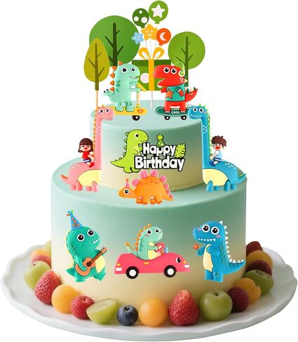 Dinosaur Cake & Cupcake Toppers Decorations Set – 20 Pcs Soft Rubber Reusable Dino Figures with Happy Birthday Cake Topper & Trees, Dinosaur Birthday Cake Decorations for Kids Party Supplies in Saudi Arabia