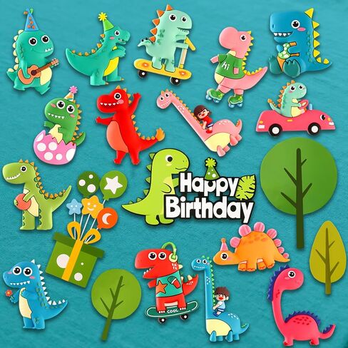 Dinosaur Cake & Cupcake Toppers Decorations Set – 20 Pcs Soft Rubber Reusable Dino Figures with Happy Birthday Cake Topper & Trees, Dinosaur Birthday Cake Decorations for Kids Party Supplies in Saudi Arabia