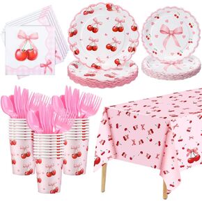 LemonRoad 176 Pcs Cherry Themed Birthday Party Decorations Serves 25, Includes A Tablecloth, 9" and 7" Paper Plates, Napkins, Cups, Forks, Knives, Spoons for Baby Shower Cherry Party Supplies in Saudi Arabia