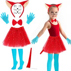 Kyson Girls Red Fox Costume Set-7Pcs Headband,Bowtie,Tail,Socks,Gloves,Tutu,Face Stickers for Halloween World Book Day in Kuwait