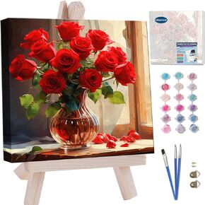 Blissroot Framed Paint by Numbers Kit for Adults Beginner&Kids Ages 8-12, 12x12inch Red Rose Paint by Numbers with Frame, Valentine's Day Gift Rose Paint by Number Framed Canvas (Without Easel) in Saudi Arabia