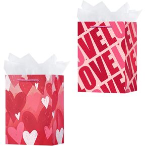 OFIHANLY 2 Pack 12.6" Medium Size Happy Valentine's Day Gift Bags with Handles for Women Her Pink Love&Heart Heart Paper Gift Wrap Bags with Tissue Paper for Kids in Kuwait