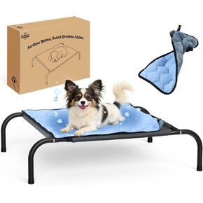 سرير كلب مرتفع من SZEE مع بساط مقاوم للماء للتبريد/التدفئة على الوجهين قابل للفصل، سرير مرتفع للكلاب للسلالات متوسطة الحجم مع إطار فولاذي متين وشبكة تيسلين قوية، للاستخدام الخارجي والداخلي طوال المواسم in Kuwait