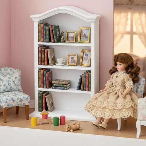 Miniature Book Shelf 1:12 Mini Bookshelf Dollhouse Furniture Accessories White Wooden Bookcase for Doll House, Books Storage Shelves, Classic Display Decoration Accessories, Cute Small Items in Saudi Arabia