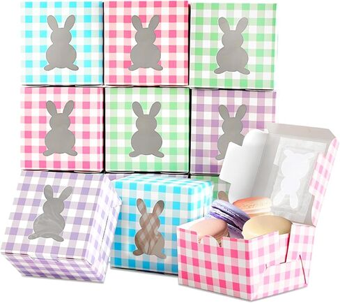 12 Pack 4x4x2.6 Inches Colorful Bunny Boxes with Window, Buffalo Plaid Kraft Cardboard Goodie Cupcake Strawberry Treat Candy Box for Easter Day, Spring Decorations, Gift Containers Party Supplies in Saudi Arabia