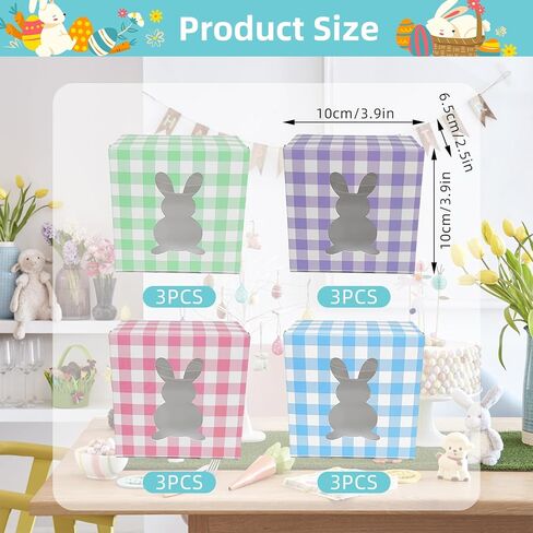 12 Pack 4x4x2.6 Inches Colorful Bunny Boxes with Window, Buffalo Plaid Kraft Cardboard Goodie Cupcake Strawberry Treat Candy Box for Easter Day, Spring Decorations, Gift Containers Party Supplies in Saudi Arabia