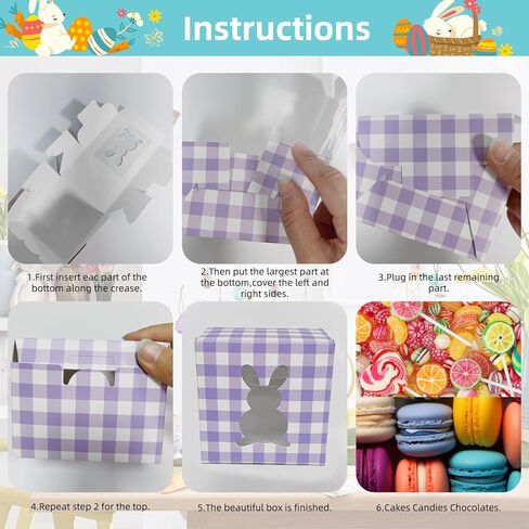 12 Pack 4x4x2.6 Inches Colorful Bunny Boxes with Window, Buffalo Plaid Kraft Cardboard Goodie Cupcake Strawberry Treat Candy Box for Easter Day, Spring Decorations, Gift Containers Party Supplies in Saudi Arabia