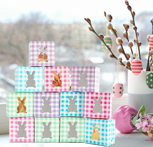 12 Pack 4x4x2.6 Inches Colorful Bunny Boxes with Window, Buffalo Plaid Kraft Cardboard Goodie Cupcake Strawberry Treat Candy Box for Easter Day, Spring Decorations, Gift Containers Party Supplies in Saudi Arabia