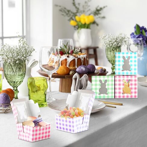 12 Pack 4x4x2.6 Inches Colorful Bunny Boxes with Window, Buffalo Plaid Kraft Cardboard Goodie Cupcake Strawberry Treat Candy Box for Easter Day, Spring Decorations, Gift Containers Party Supplies in Saudi Arabia
