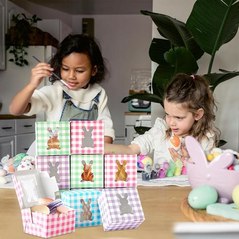 12 Pack 4x4x2.6 Inches Colorful Bunny Boxes with Window, Buffalo Plaid Kraft Cardboard Goodie Cupcake Strawberry Treat Candy Box for Easter Day, Spring Decorations, Gift Containers Party Supplies in Saudi Arabia