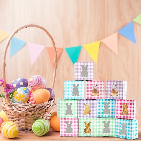 12 Pack 4x4x2.6 Inches Colorful Bunny Boxes with Window, Buffalo Plaid Kraft Cardboard Goodie Cupcake Strawberry Treat Candy Box for Easter Day, Spring Decorations, Gift Containers Party Supplies in Saudi Arabia