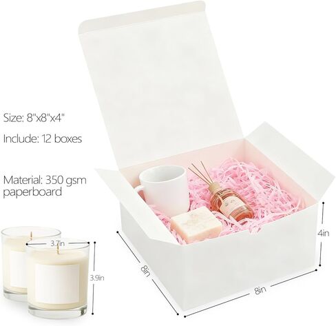 Frantis 12 حزمة من صناديق الهدايا البيضاء، صندوق هدايا مقاس 8x8x4 بوصة مع أغطية، صندوق اقتراح وصيفة العروس DIY، صندوق قابل لإعادة التدوير، قابل للطي لحفلات الزفاف، هدايا الحفلات in Kuwait