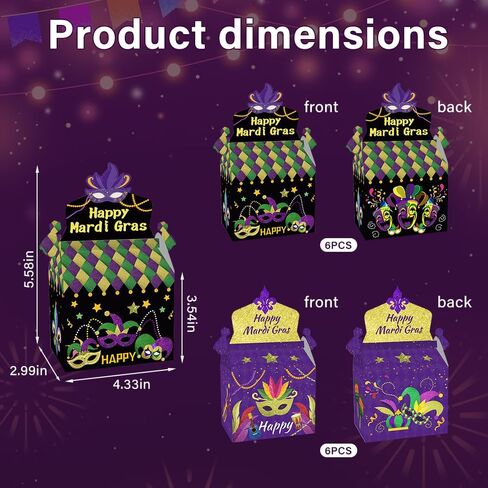 CMSSHUAI 12 Pcs Mardi Gras Gift Box Masquerade Treat Goodie Boxes Cardboard Candy Boxes for Mardi Gras Party Favors Birthday Decorations Snack Supplies in Saudi Arabia