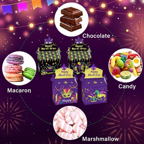 CMSSHUAI 12 Pcs Mardi Gras Gift Box Masquerade Treat Goodie Boxes Cardboard Candy Boxes for Mardi Gras Party Favors Birthday Decorations Snack Supplies in Saudi Arabia