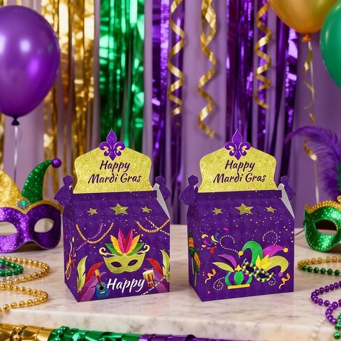 CMSSHUAI 12 Pcs Mardi Gras Gift Box Masquerade Treat Goodie Boxes Cardboard Candy Boxes for Mardi Gras Party Favors Birthday Decorations Snack Supplies in Saudi Arabia