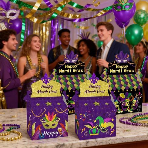 CMSSHUAI 12 Pcs Mardi Gras Gift Box Masquerade Treat Goodie Boxes Cardboard Candy Boxes for Mardi Gras Party Favors Birthday Decorations Snack Supplies in Saudi Arabia