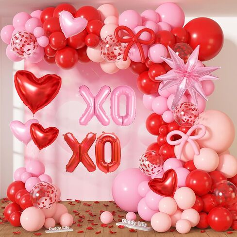 Ouddy Life Valentines Day Balloons Arch Garland Kit، 164 قطعة من القصاصات الورقية الحمراء والوردية على شكل قلب XOXO ستار فويل بالون الورود الاصطناعية بتلات الزهور للفتيات وأعياد الميلاد وحفلات عيد الحب in Saudi Arabia