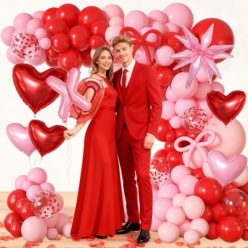 Ouddy Life Valentines Day Balloons Arch Garland Kit، 164 قطعة من القصاصات الورقية الحمراء والوردية على شكل قلب XOXO ستار فويل بالون الورود الاصطناعية بتلات الزهور للفتيات وأعياد الميلاد وحفلات عيد الحب in Saudi Arabia