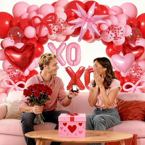 Ouddy Life Valentines Day Balloons Arch Garland Kit، 164 قطعة من القصاصات الورقية الحمراء والوردية على شكل قلب XOXO ستار فويل بالون الورود الاصطناعية بتلات الزهور للفتيات وأعياد الميلاد وحفلات عيد الحب in Saudi Arabia