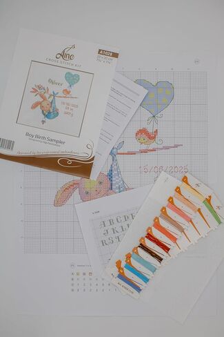 Aine - Boy Birth Sampler A1028، مجموعة غرز متقاطعة لإعلان ولادة طفل رضيع مقاس 7¾ بوصة × 7¾، مجموعات غرز متقاطعة للمبتدئين والمتقدمين، طقم خياطة متقاطعة للبالغين، مجموعة خياطة عد التطريز in Kuwait