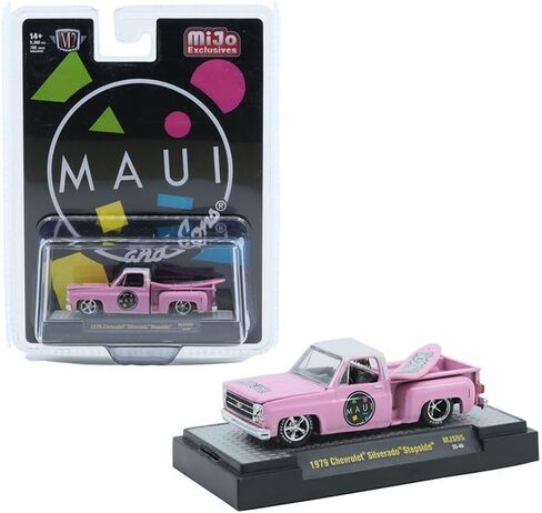 Diecast Model Car Compatible with M2 Machines 1:64 1979 Chevy Silverado Stepside with Surfboard Maui & Son Pink Limited Edition 31500-MJS95 in Saudi Arabia