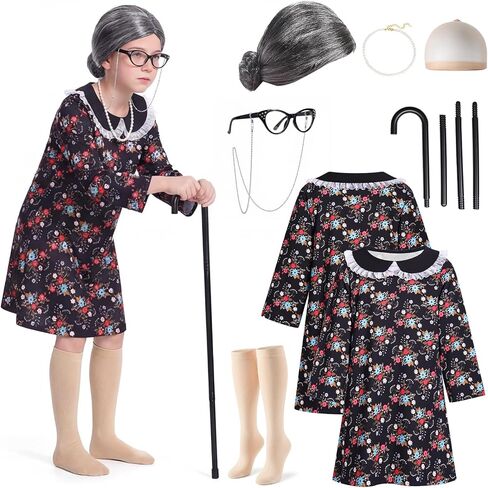 Mprocen Old Lady Costume for Kid 100 Days of School Costume for Girl Granny Nightgown Dress Wig Cane Dress up Accessories Set in Saudi Arabia