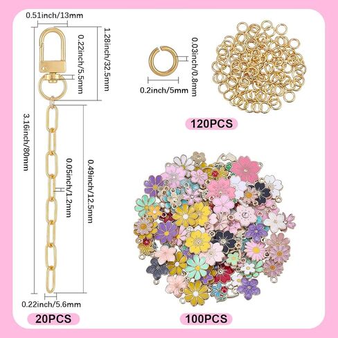 240Pcs Lip Gloss Keychain Making Kit DIY Bag Floral Charm Kit Enamel Colorful Aesthetic Spring Flower Charms with Jump Rings Keyrings Chains for Custom Keychain Purse Wallet Handbag Decor in Kuwait