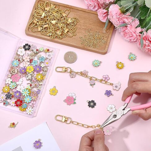 240Pcs Lip Gloss Keychain Making Kit DIY Bag Floral Charm Kit Enamel Colorful Aesthetic Spring Flower Charms with Jump Rings Keyrings Chains for Custom Keychain Purse Wallet Handbag Decor in Kuwait