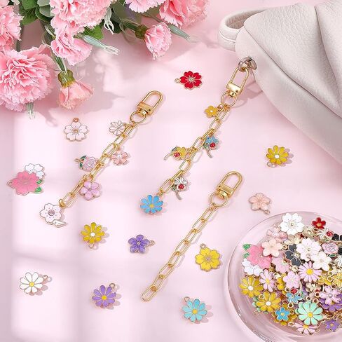 240Pcs Lip Gloss Keychain Making Kit DIY Bag Floral Charm Kit Enamel Colorful Aesthetic Spring Flower Charms with Jump Rings Keyrings Chains for Custom Keychain Purse Wallet Handbag Decor in Kuwait