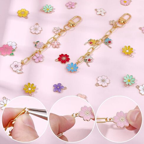 240Pcs Lip Gloss Keychain Making Kit DIY Bag Floral Charm Kit Enamel Colorful Aesthetic Spring Flower Charms with Jump Rings Keyrings Chains for Custom Keychain Purse Wallet Handbag Decor in Kuwait