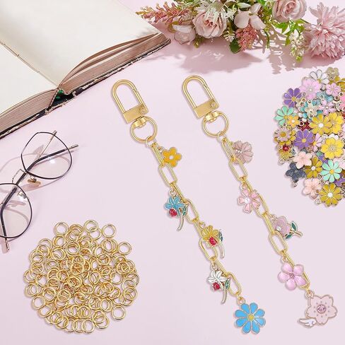 240Pcs Lip Gloss Keychain Making Kit DIY Bag Floral Charm Kit Enamel Colorful Aesthetic Spring Flower Charms with Jump Rings Keyrings Chains for Custom Keychain Purse Wallet Handbag Decor in Kuwait