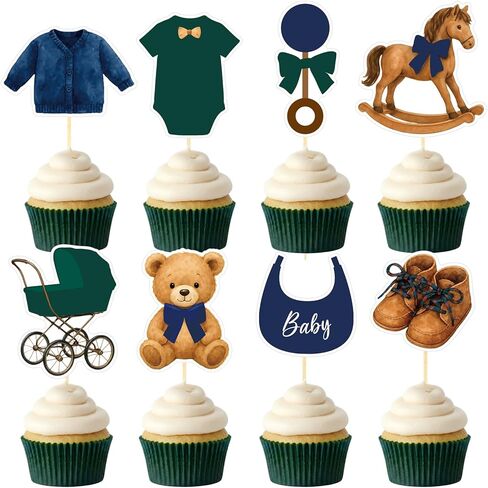 48 Pcs Green Blue Tartan Plaids Decorations Bear Baby Shower Cake Toppers Vintage Tartan Preppy Bear Cake Toppers for Baby Shower Birthday Party Decorations, 8 Styles in Kuwait