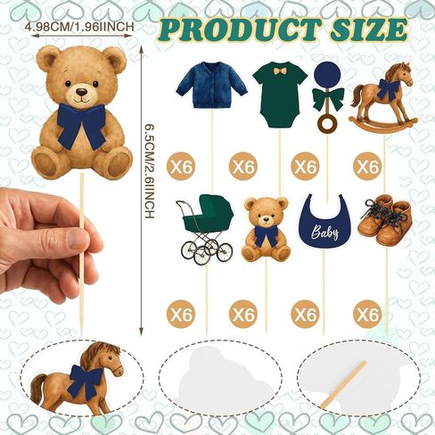 48 Pcs Green Blue Tartan Plaids Decorations Bear Baby Shower Cake Toppers Vintage Tartan Preppy Bear Cake Toppers for Baby Shower Birthday Party Decorations, 8 Styles in Kuwait