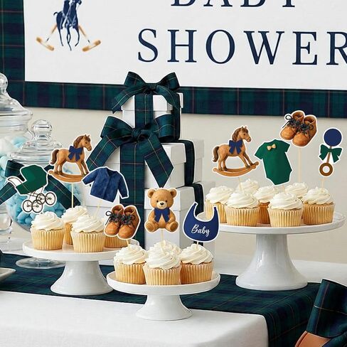 48 Pcs Green Blue Tartan Plaids Decorations Bear Baby Shower Cake Toppers Vintage Tartan Preppy Bear Cake Toppers for Baby Shower Birthday Party Decorations, 8 Styles in Kuwait