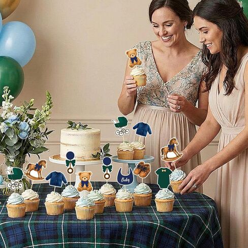 48 Pcs Green Blue Tartan Plaids Decorations Bear Baby Shower Cake Toppers Vintage Tartan Preppy Bear Cake Toppers for Baby Shower Birthday Party Decorations, 8 Styles in Kuwait