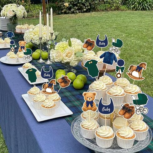 48 Pcs Green Blue Tartan Plaids Decorations Bear Baby Shower Cake Toppers Vintage Tartan Preppy Bear Cake Toppers for Baby Shower Birthday Party Decorations, 8 Styles in Kuwait
