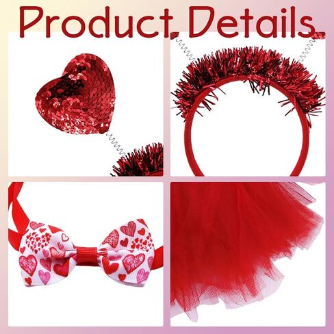 3 PCS Valentines Day Dog Costume Dog Valentine's Day Clothes with Glitter Heart Headband Collar Red Dress for Small Medium Large Dogs Holiday Costumes in Saudi Arabia
