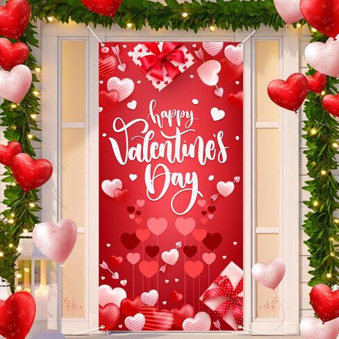 Large Valentines-Day Door Cover 6x2.9 Ft Happy Valentine's Day Banner Decorations Romantic Hearts Love Hanging Background for Indoor Outdoor Valentines Day Home Door Banner Party Supplies in Saudi Arabia