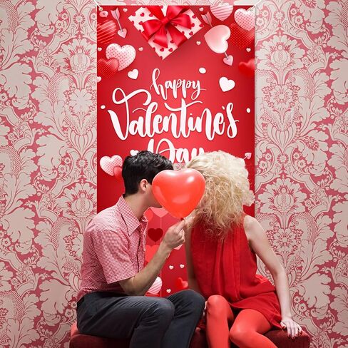 Large Valentines-Day Door Cover 6x2.9 Ft Happy Valentine's Day Banner Decorations Romantic Hearts Love Hanging Background for Indoor Outdoor Valentines Day Home Door Banner Party Supplies in Saudi Arabia