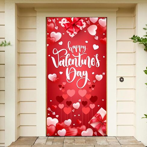 Large Valentines-Day Door Cover 6x2.9 Ft Happy Valentine's Day Banner Decorations Romantic Hearts Love Hanging Background for Indoor Outdoor Valentines Day Home Door Banner Party Supplies in Saudi Arabia