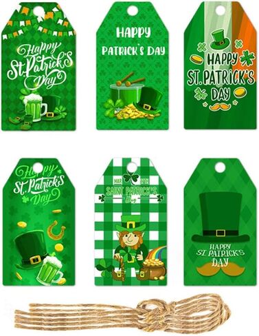 LINXI St. Patrick's Day Gift Tags, 60 Pcs Paper Labels for Irish Holiday DIY Craft, 6 Designs with Jute String Included in Saudi Arabia