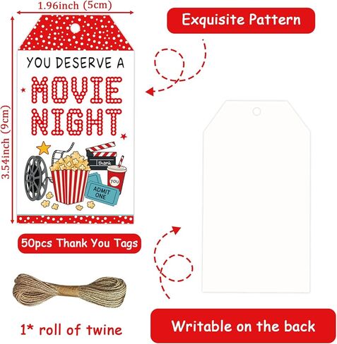 Movie Night Thank You Favor Tags, 50Pcs Movie Thank You Tags Cinema Gift Tag with String for Birthday Theater Film Teacher Appreciation Gift Cards Employee Worker Thanksgiving Day Party Favors in Kuwait