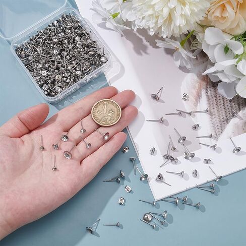 UNICRAFTALE About 200pcs 4 Sizes Stainless Steel Stud Earring Findings Flat Round Stud Earring Posts Pearl Cup Glue On Post Earrings Pins with Ear Nuts for Earrings Making in Saudi Arabia